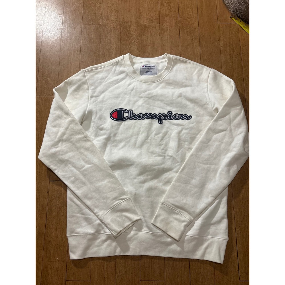 Champion Mens White Crewneck Sweatshirt Embroidered Script Logo Size Medium